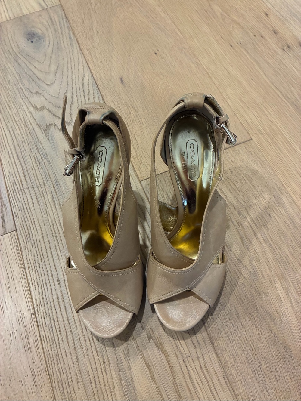 COACH Nude Tan Leather Peep-Toe Ankle Strap Heels